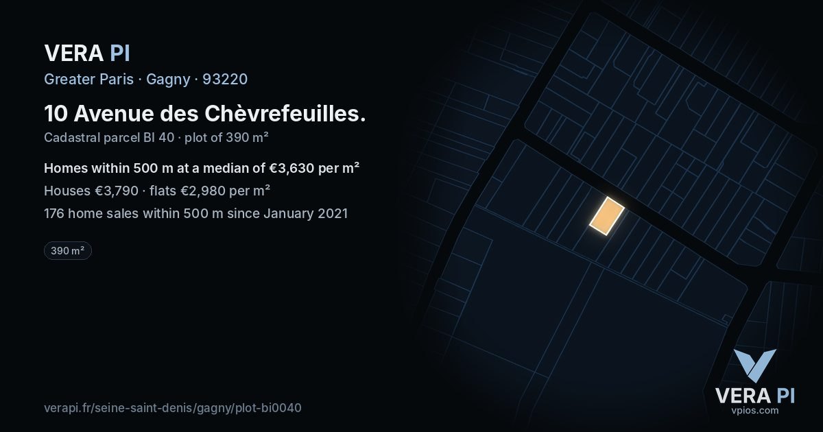 10 Avenue des Chèvrefeuilles, Gagny at night – the plot lit, the parcels around coloured by the prices near them