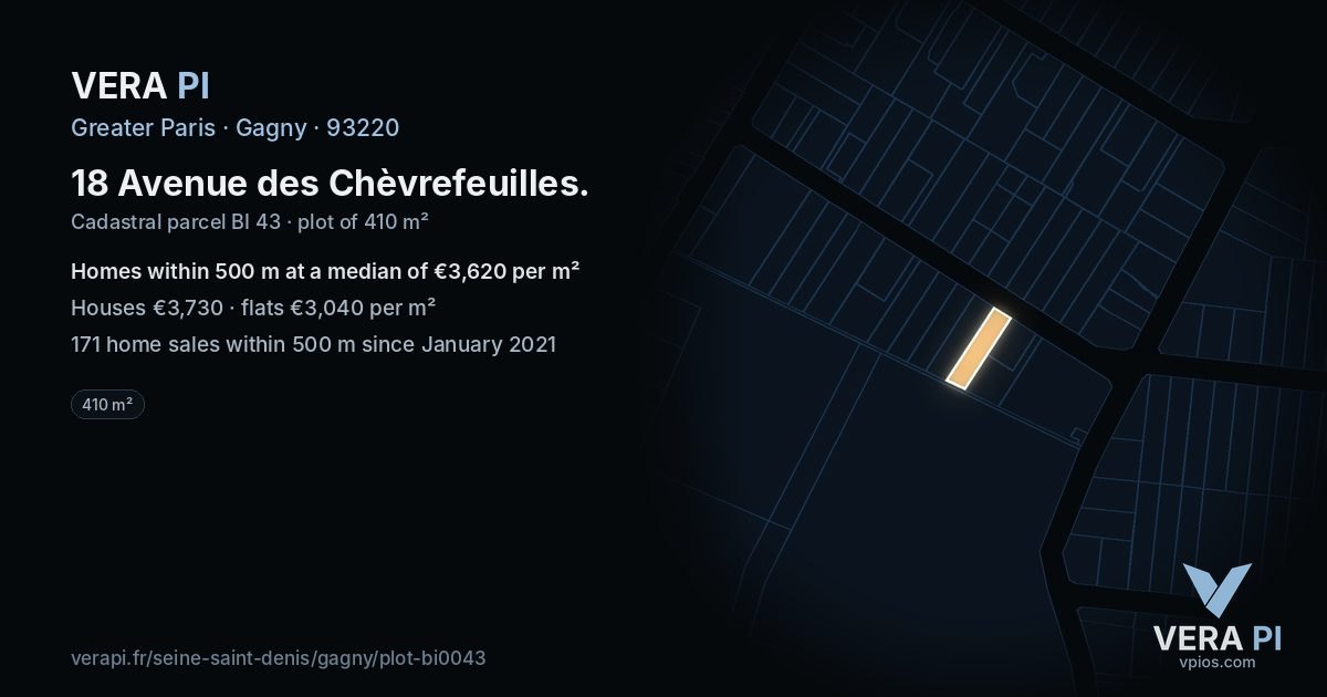 18 Avenue des Chèvrefeuilles, Gagny at night – the plot lit, the parcels around coloured by the prices near them