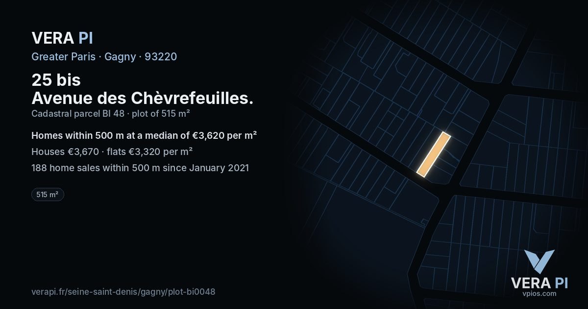 25 bis Avenue des Chèvrefeuilles, Gagny at night – the plot lit, the parcels around coloured by the prices near them
