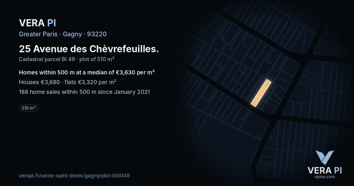 25 Avenue des Chèvrefeuilles, Gagny at night – the plot lit, the parcels around coloured by the prices near them