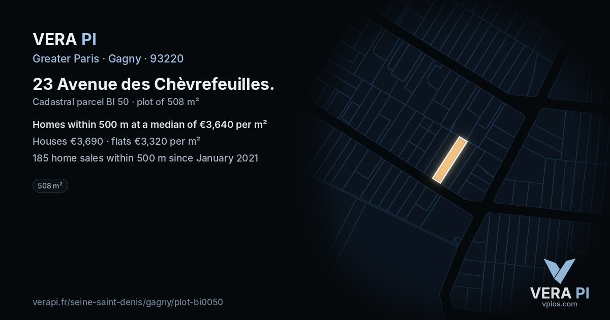 23 Avenue des Chèvrefeuilles, Gagny at night – the plot lit, the parcels around coloured by the prices near them