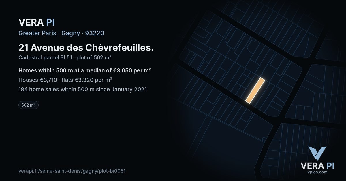21 Avenue des Chèvrefeuilles, Gagny at night – the plot lit, the parcels around coloured by the prices near them