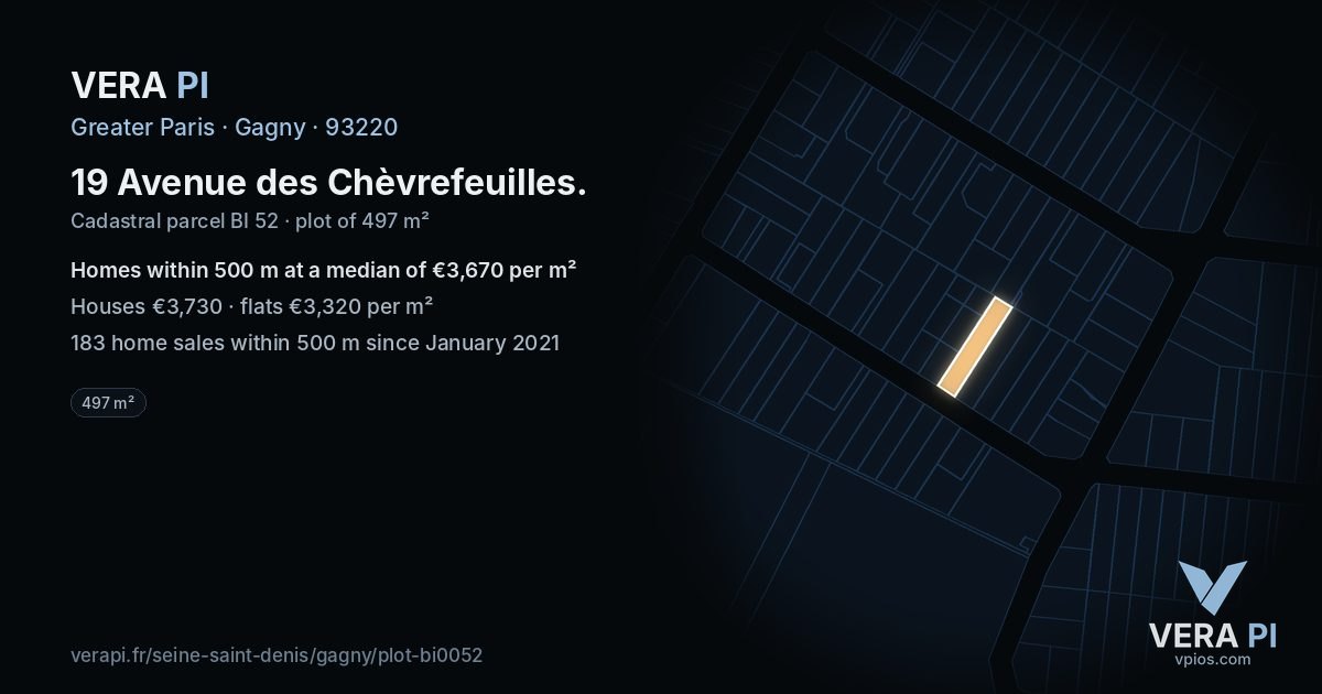 19 Avenue des Chèvrefeuilles, Gagny at night – the plot lit, the parcels around coloured by the prices near them