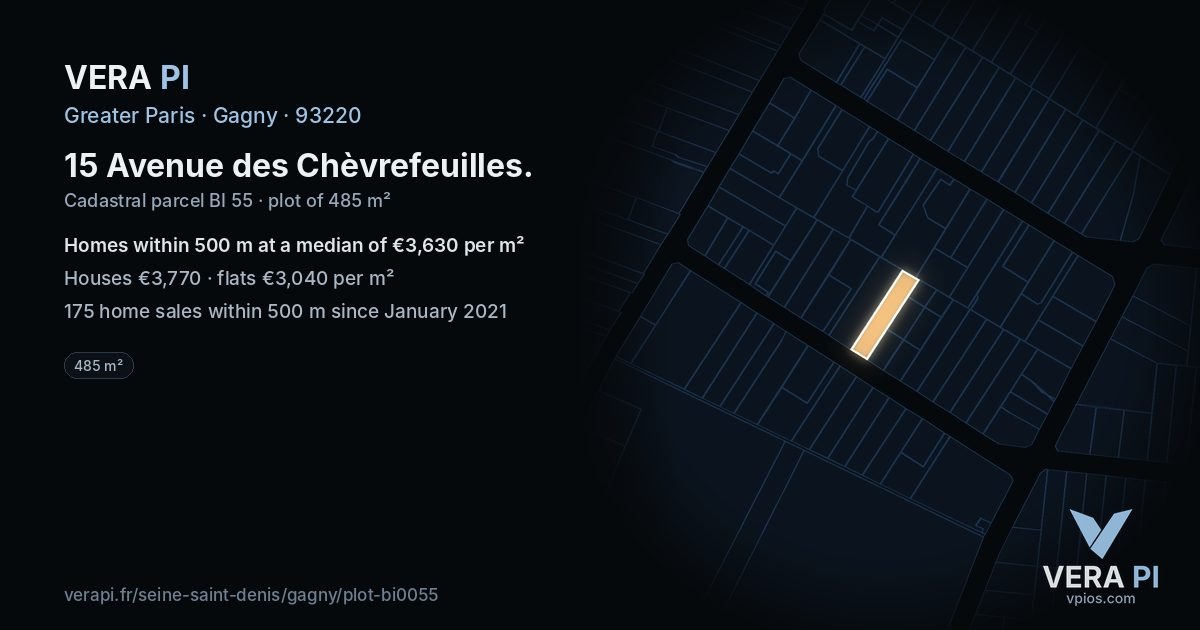 15 Avenue des Chèvrefeuilles, Gagny at night – the plot lit, the parcels around coloured by the prices near them