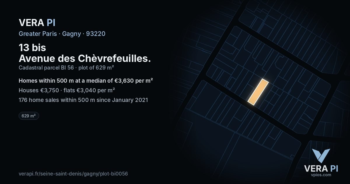 13 bis Avenue des Chèvrefeuilles, Gagny at night – the plot lit, the parcels around coloured by the prices near them