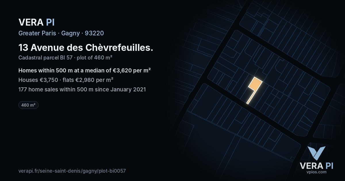 13 Avenue des Chèvrefeuilles, Gagny at night – the plot lit, the parcels around coloured by the prices near them