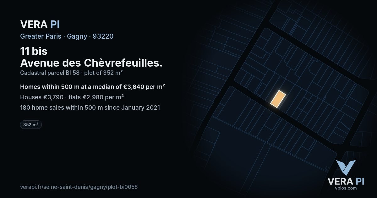 11 bis Avenue des Chèvrefeuilles, Gagny at night – the plot lit, the parcels around coloured by the prices near them