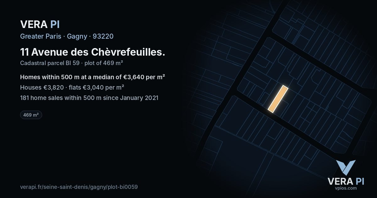 11 Avenue des Chèvrefeuilles, Gagny at night – the plot lit, the parcels around coloured by the prices near them