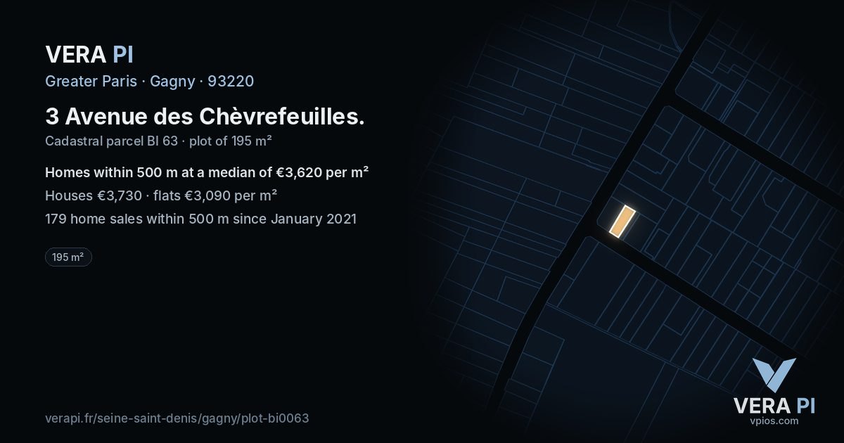 3 Avenue des Chèvrefeuilles, Gagny at night – the plot lit, the parcels around coloured by the prices near them