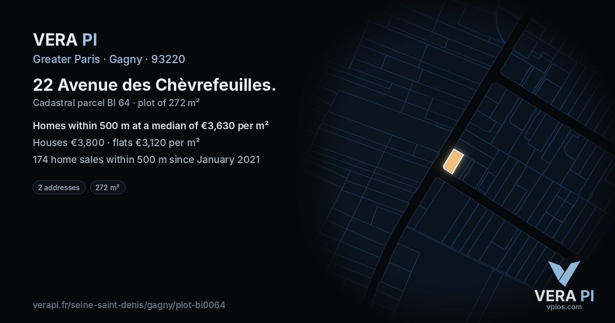 22 Avenue des Chèvrefeuilles, Gagny at night – the plot lit, the parcels around coloured by the prices near them