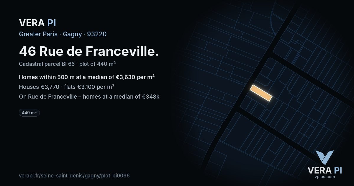 46 Rue de Franceville, Gagny at night – the plot lit, the parcels around coloured by the prices near them