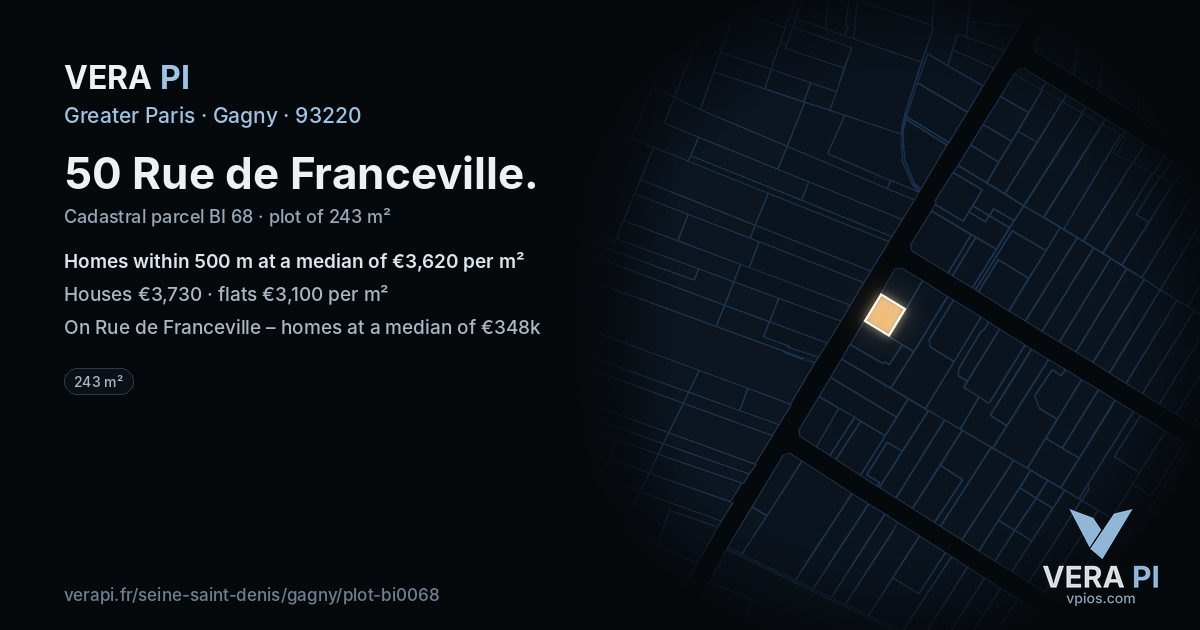 50 Rue de Franceville, Gagny at night – the plot lit, the parcels around coloured by the prices near them