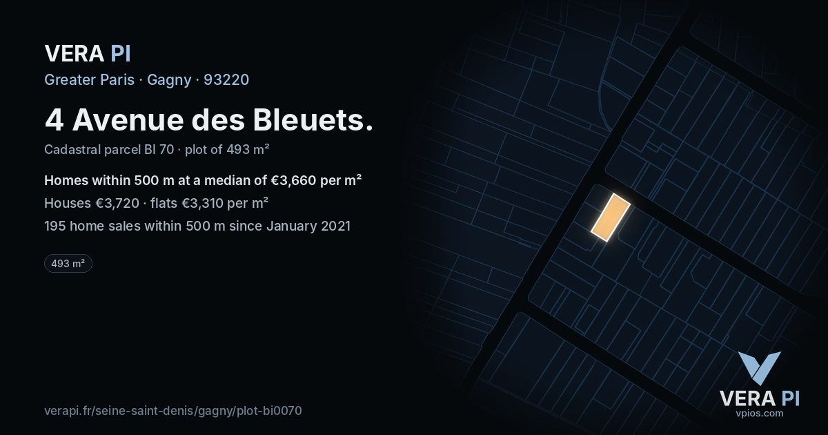 4 Avenue des Bleuets, Gagny at night – the plot lit, the parcels around coloured by the prices near them