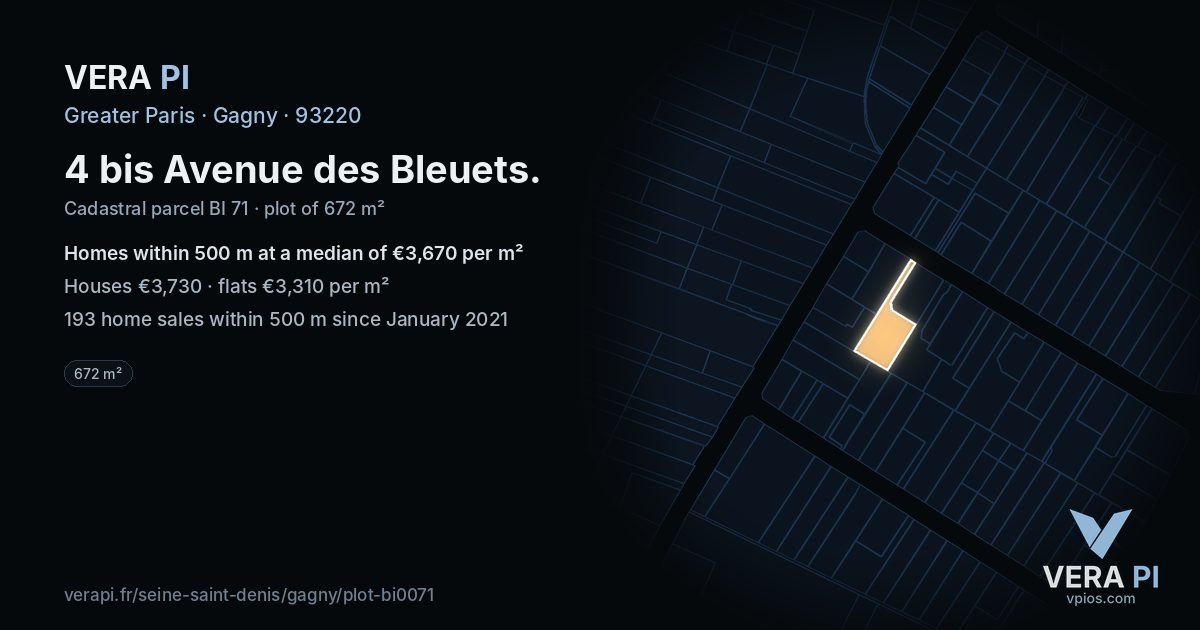 4 bis Avenue des Bleuets, Gagny at night – the plot lit, the parcels around coloured by the prices near them