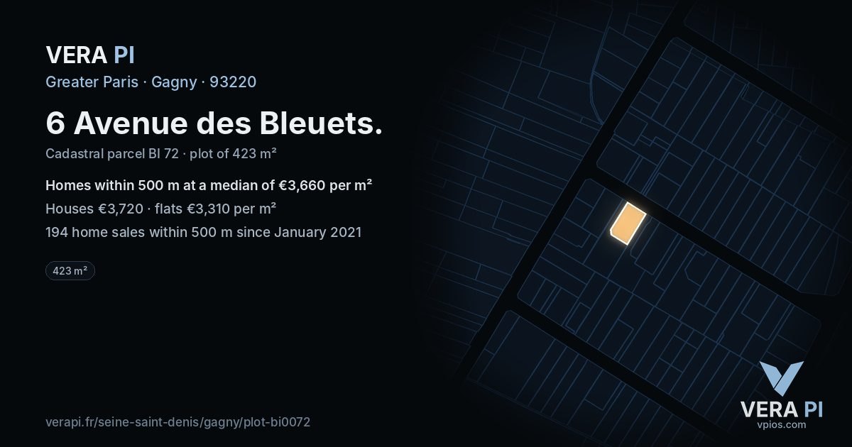 6 Avenue des Bleuets, Gagny at night – the plot lit, the parcels around coloured by the prices near them