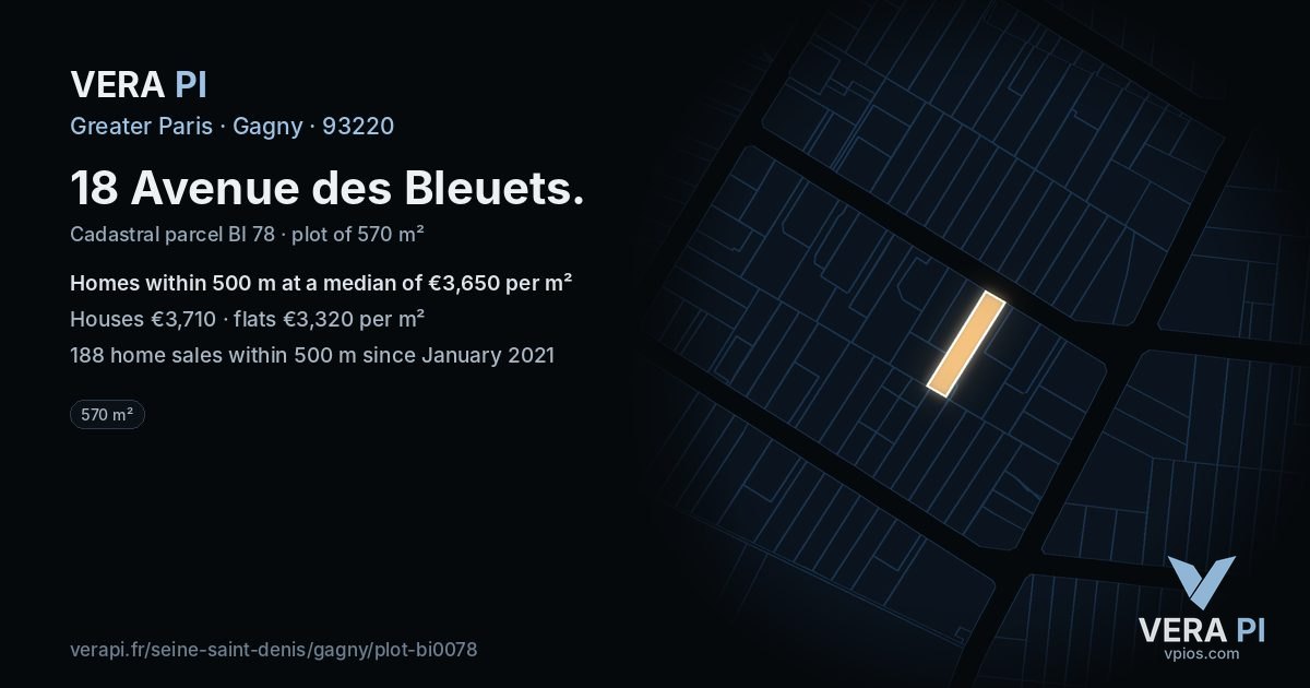 18 Avenue des Bleuets, Gagny at night – the plot lit, the parcels around coloured by the prices near them