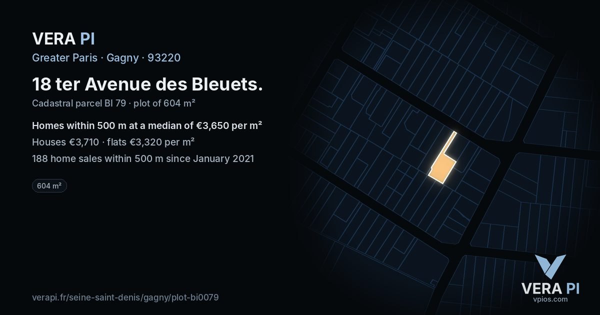 18 ter Avenue des Bleuets, Gagny at night – the plot lit, the parcels around coloured by the prices near them