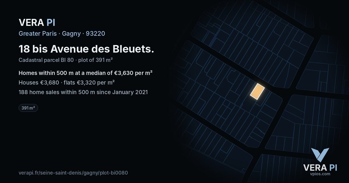 18 bis Avenue des Bleuets, Gagny at night – the plot lit, the parcels around coloured by the prices near them