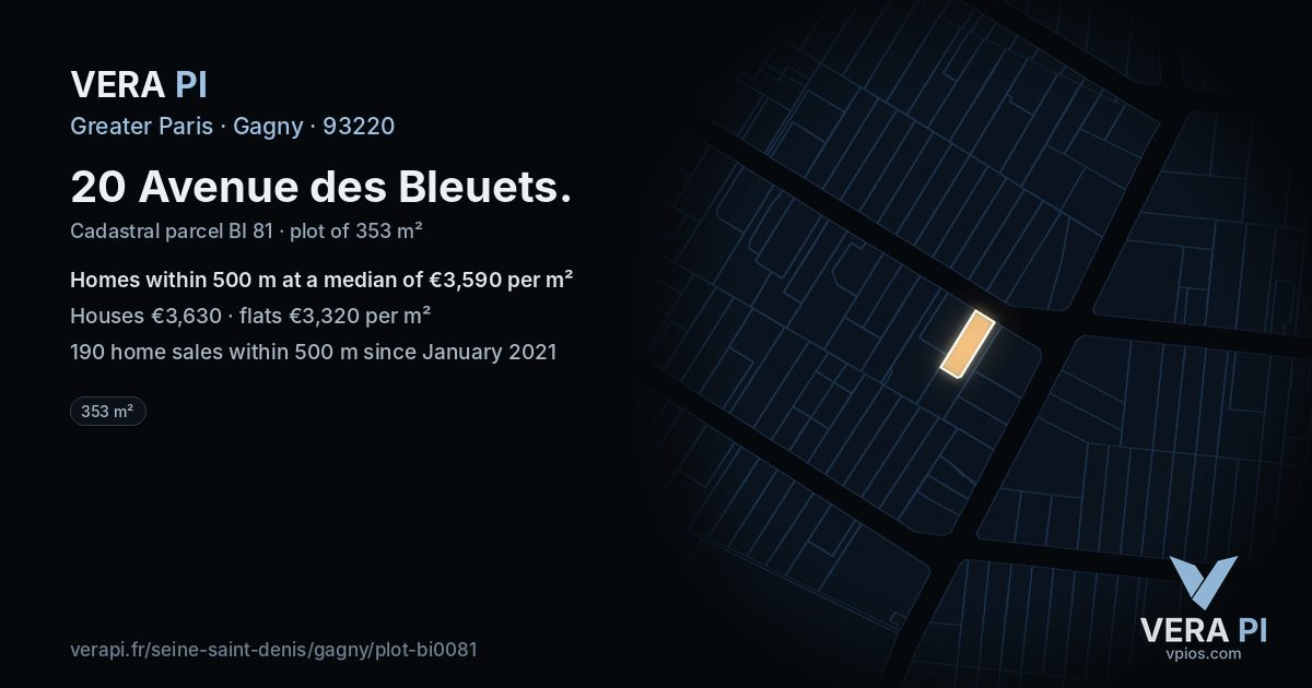20 Avenue des Bleuets, Gagny at night – the plot lit, the parcels around coloured by the prices near them