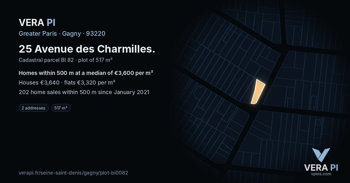 25 Avenue des Charmilles, Gagny at night – the plot lit, the parcels around coloured by the prices near them