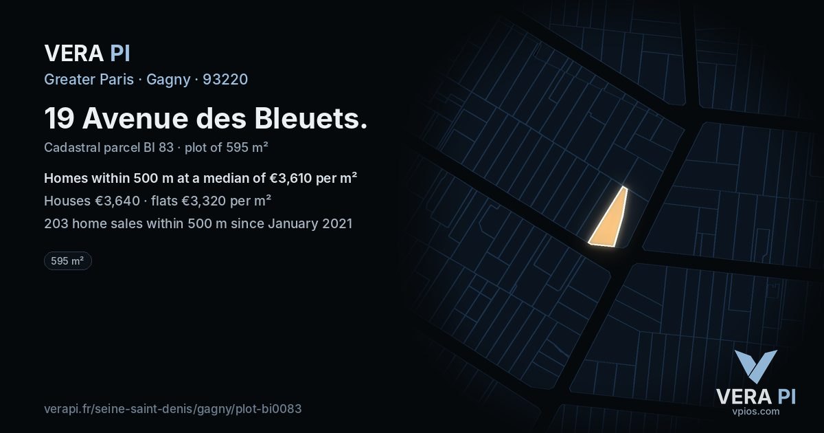 19 Avenue des Bleuets, Gagny at night – the plot lit, the parcels around coloured by the prices near them