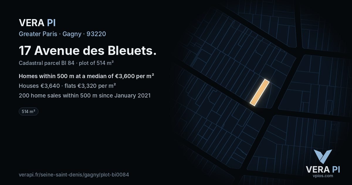 17 Avenue des Bleuets, Gagny at night – the plot lit, the parcels around coloured by the prices near them