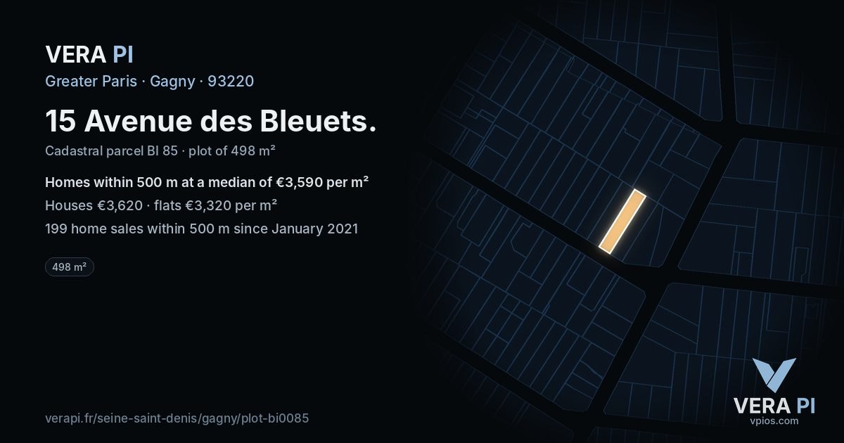 15 Avenue des Bleuets, Gagny at night – the plot lit, the parcels around coloured by the prices near them