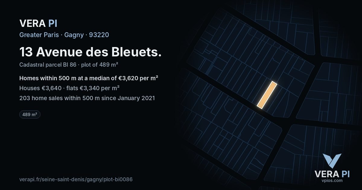 13 Avenue des Bleuets, Gagny at night – the plot lit, the parcels around coloured by the prices near them