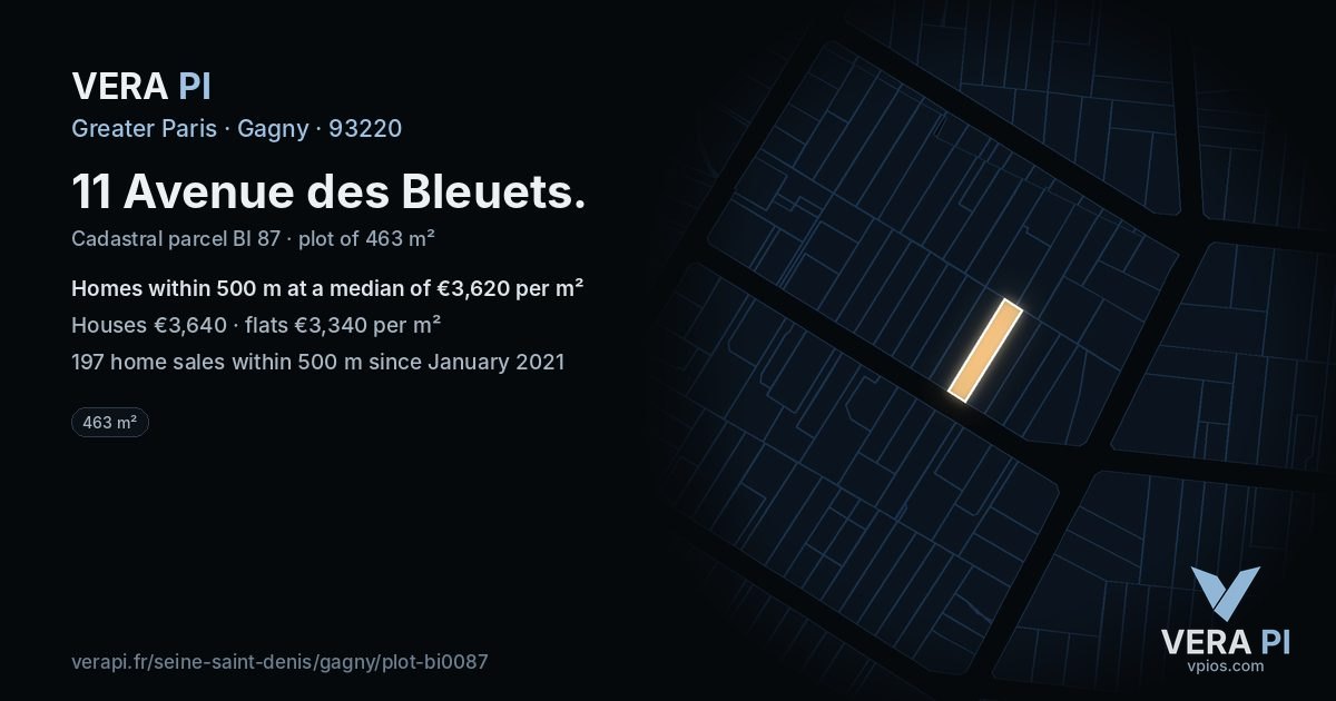 11 Avenue des Bleuets, Gagny at night – the plot lit, the parcels around coloured by the prices near them