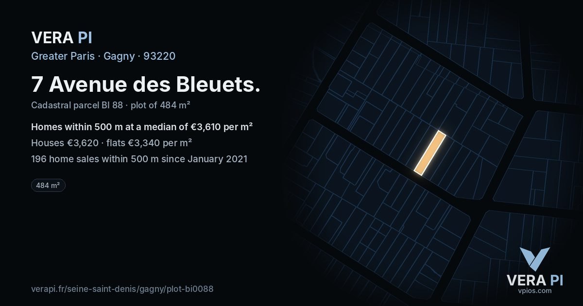 7 Avenue des Bleuets, Gagny at night – the plot lit, the parcels around coloured by the prices near them