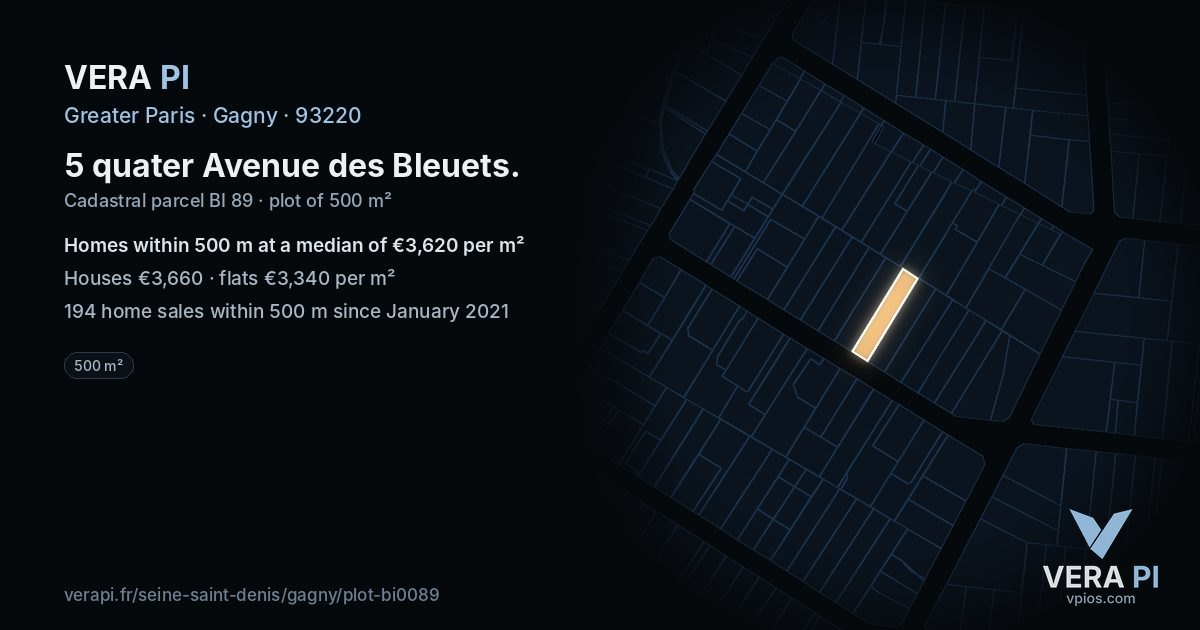 5 quater Avenue des Bleuets, Gagny at night – the plot lit, the parcels around coloured by the prices near them