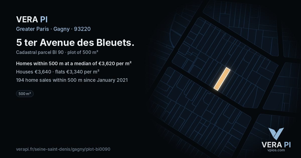 5 ter Avenue des Bleuets, Gagny at night – the plot lit, the parcels around coloured by the prices near them