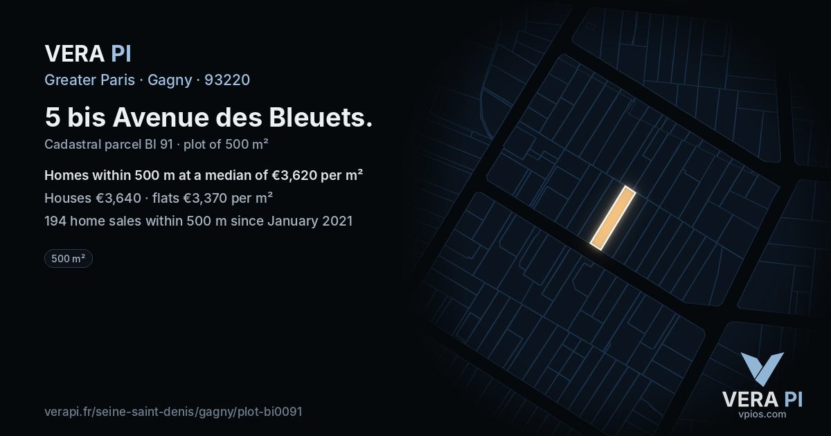 5 bis Avenue des Bleuets, Gagny at night – the plot lit, the parcels around coloured by the prices near them