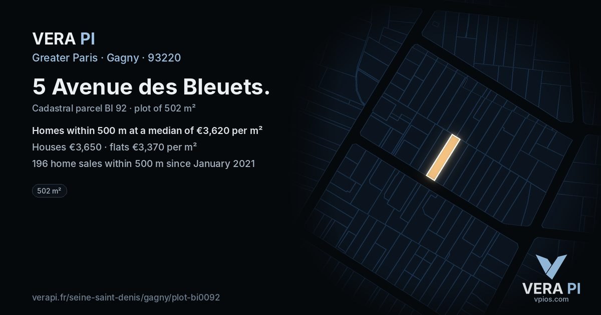 5 Avenue des Bleuets, Gagny at night – the plot lit, the parcels around coloured by the prices near them