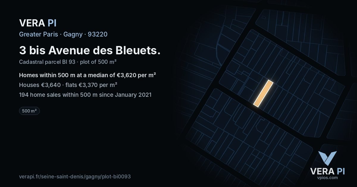 3 bis Avenue des Bleuets, Gagny at night – the plot lit, the parcels around coloured by the prices near them