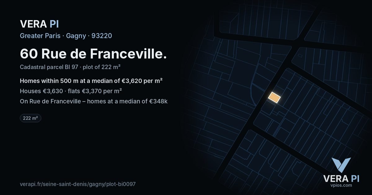 60 Rue de Franceville, Gagny at night – the plot lit, the parcels around coloured by the prices near them