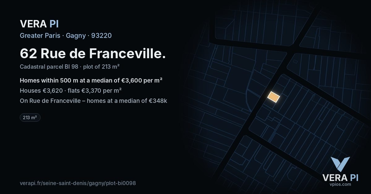 62 Rue de Franceville, Gagny at night – the plot lit, the parcels around coloured by the prices near them