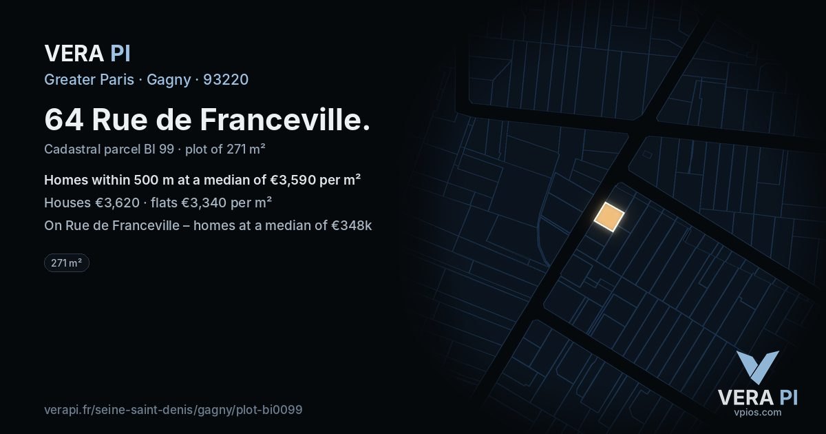 64 Rue de Franceville, Gagny at night – the plot lit, the parcels around coloured by the prices near them