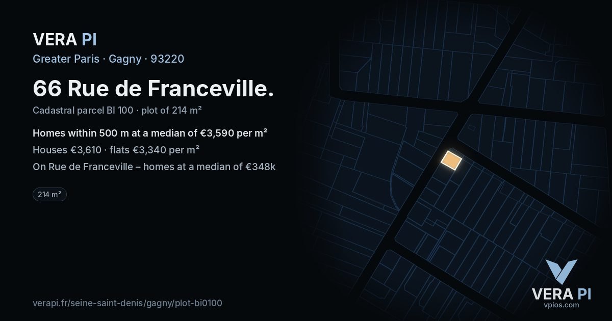 66 Rue de Franceville, Gagny at night – the plot lit, the parcels around coloured by the prices near them