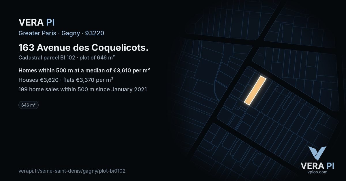 163 Avenue des Coquelicots, Gagny at night – the plot lit, the parcels around coloured by the prices near them