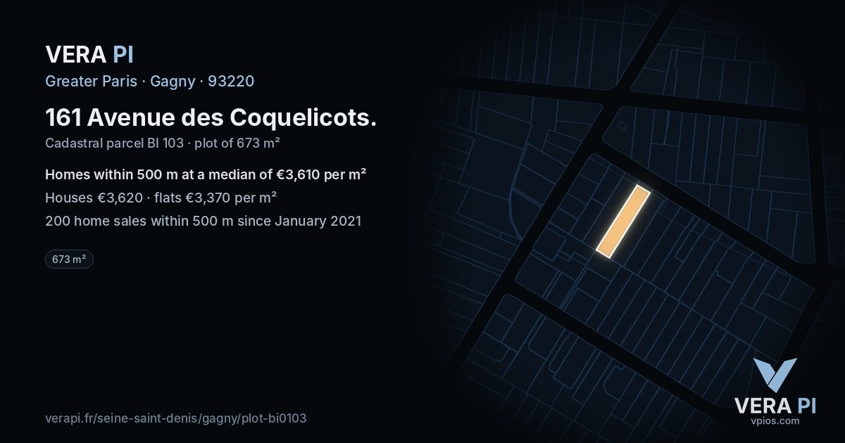 161 Avenue des Coquelicots, Gagny at night – the plot lit, the parcels around coloured by the prices near them