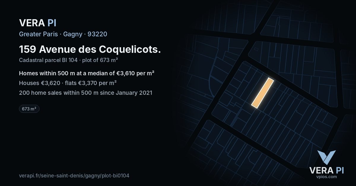 159 Avenue des Coquelicots, Gagny at night – the plot lit, the parcels around coloured by the prices near them