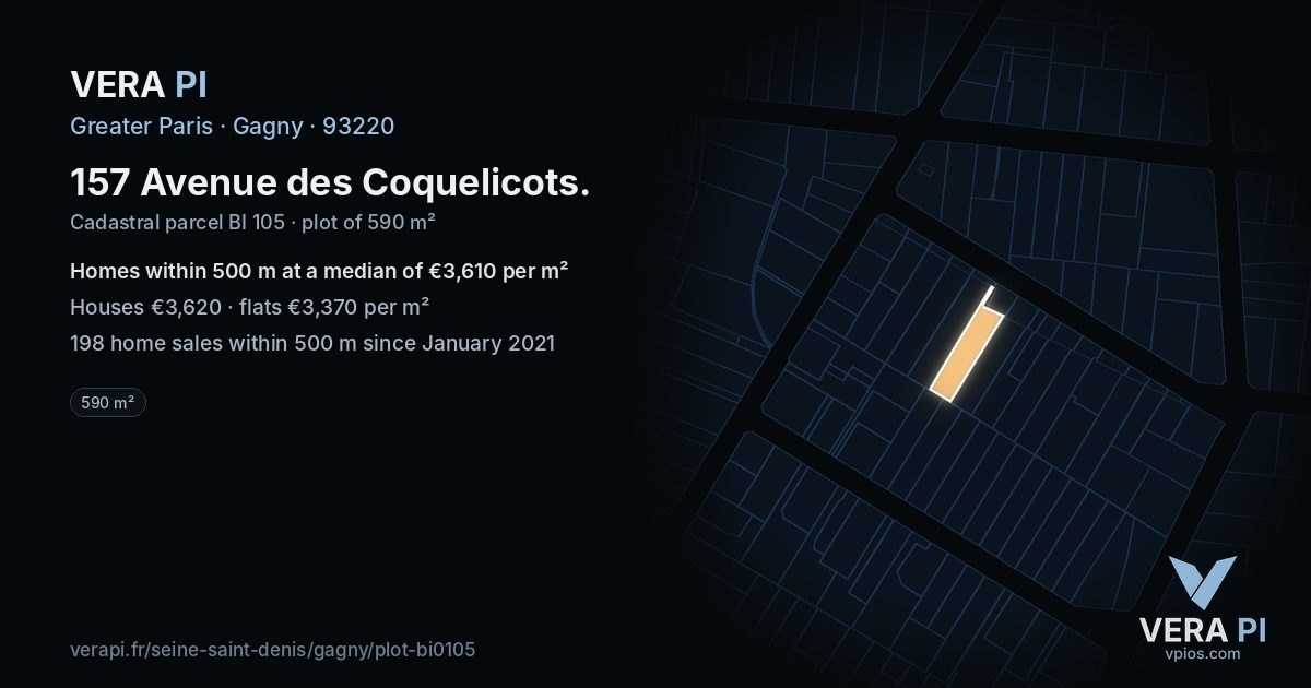 157 Avenue des Coquelicots, Gagny at night – the plot lit, the parcels around coloured by the prices near them