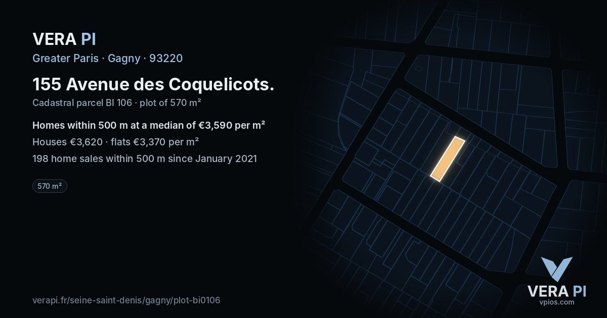 155 Avenue des Coquelicots, Gagny at night – the plot lit, the parcels around coloured by the prices near them