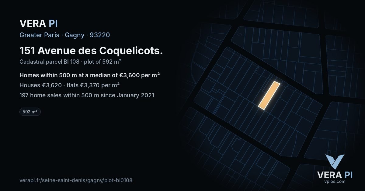 151 Avenue des Coquelicots, Gagny at night – the plot lit, the parcels around coloured by the prices near them
