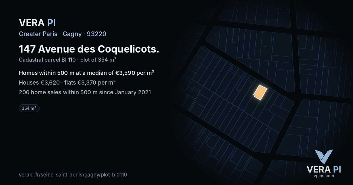 147 Avenue des Coquelicots, Gagny at night – the plot lit, the parcels around coloured by the prices near them