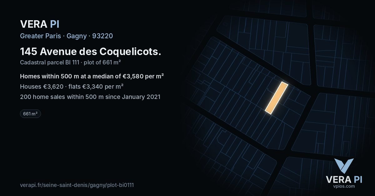 145 Avenue des Coquelicots, Gagny at night – the plot lit, the parcels around coloured by the prices near them