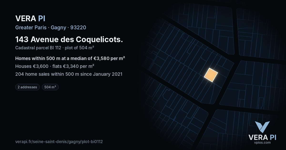 143 Avenue des Coquelicots, Gagny at night – the plot lit, the parcels around coloured by the prices near them