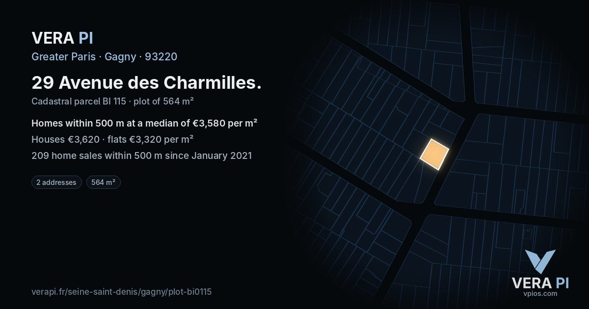 29 Avenue des Charmilles, Gagny at night – the plot lit, the parcels around coloured by the prices near them