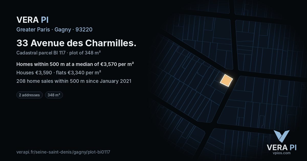 33 Avenue des Charmilles, Gagny at night – the plot lit, the parcels around coloured by the prices near them